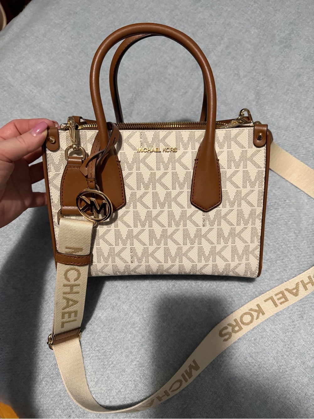 Michael Kors Cream and Brown MK Logo Satchel with Branded Strap